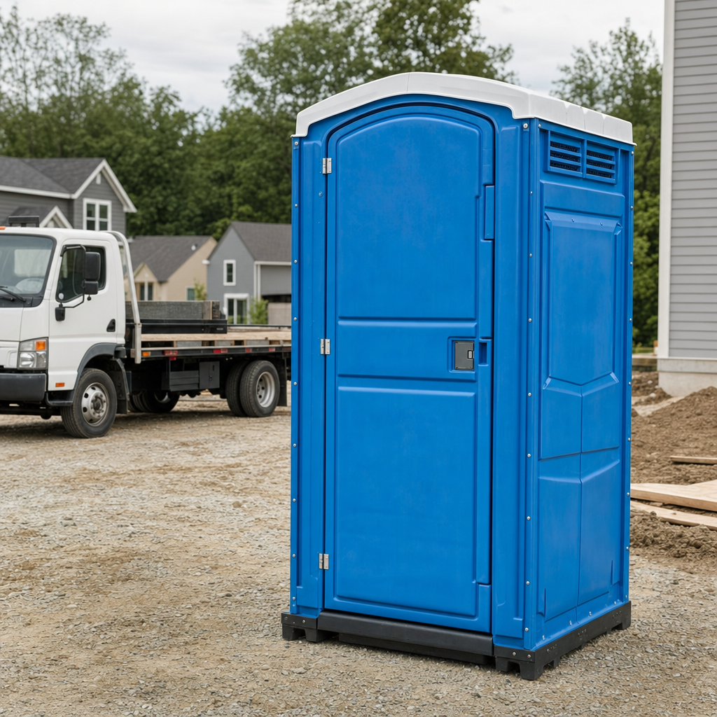 Delivery driver positioning a clean royal-blue portable toilet on level ground at a Knoxville worksite
