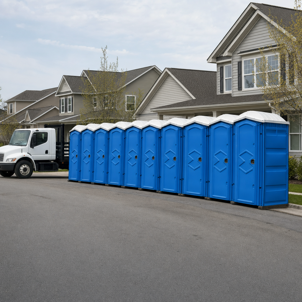 Royal blue portable toilets staged in a tidy row at a Knoxville jobsite, ready for delivery